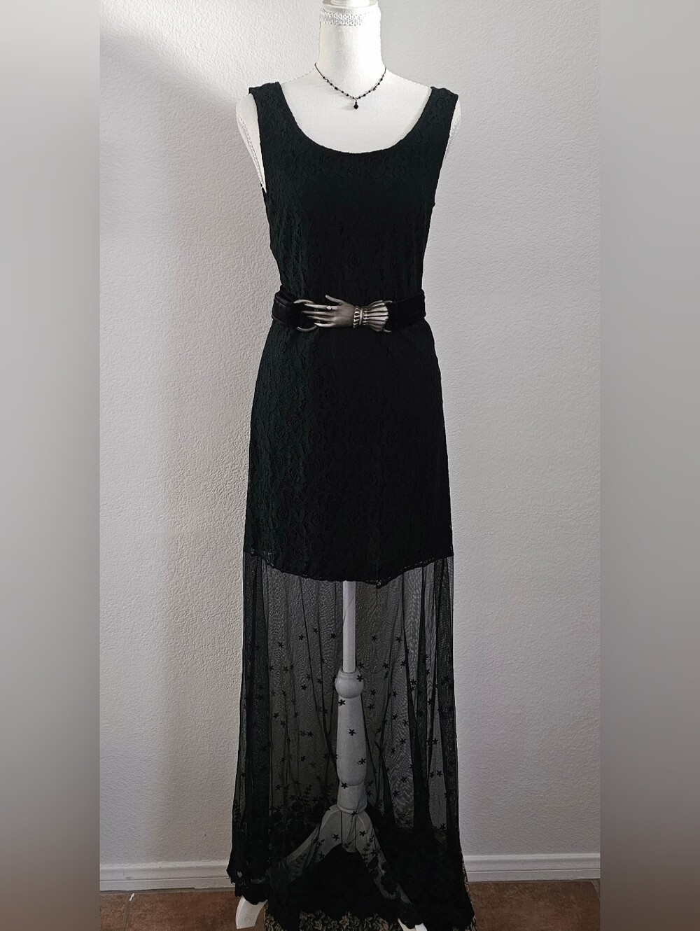A'Reve Black Lace Maxi Dress with Mesh Overlay. Womens Size M/L